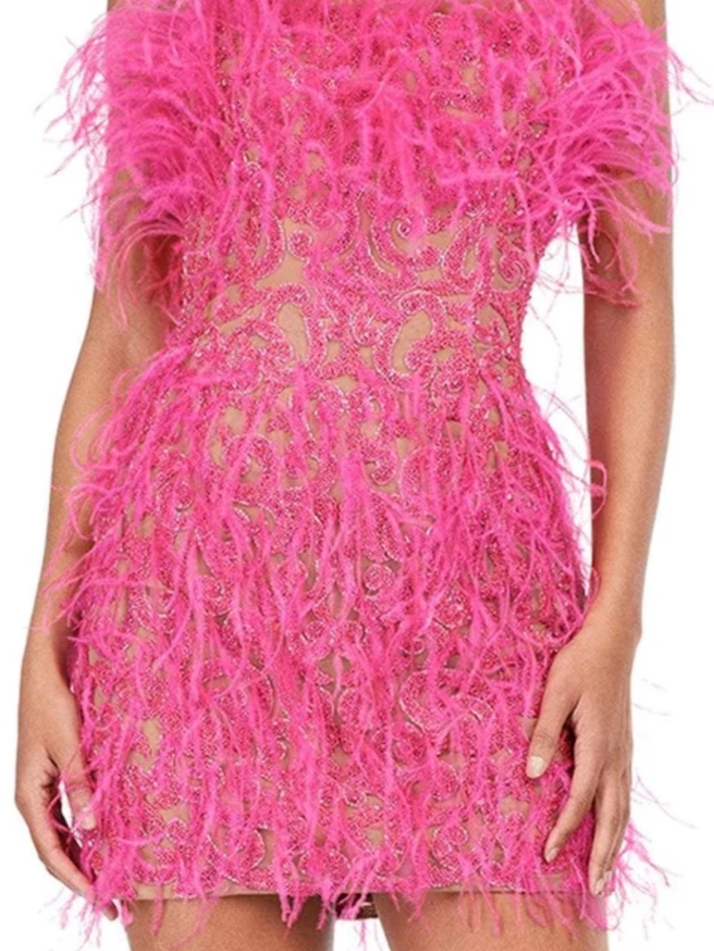 Strapless Hot Pink Feather-Trim Mini Dress